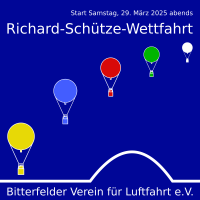 Logo der Richard-Schütze-Wettfahrt 2025: Am unteren Rand Linie mit Ausbuchtung nach oben, die den Bitterfelder Bogen symbolisieren soll. Darüber fünf Gasballone in einem Teilkreisbogen von links unten nach rechts oben, kleiner werden. Darüber der Text: Richard -Schütze-Wettfahrt, Start Samstag 29. März 2025 abends.