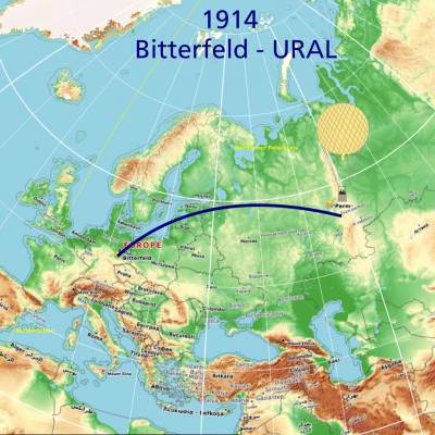 Karte die schematisch die Fahrt des Gasballons Siemens-Schuckert von Bitterfeld in den Ural zeigt.