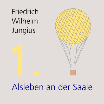 Zeichnung links oben der Name Friedrich Wilhelm Jungius, rechts die Zeichnung eines Gasballons mit Netz und unten der Schriftzug Alsleben an der Saale